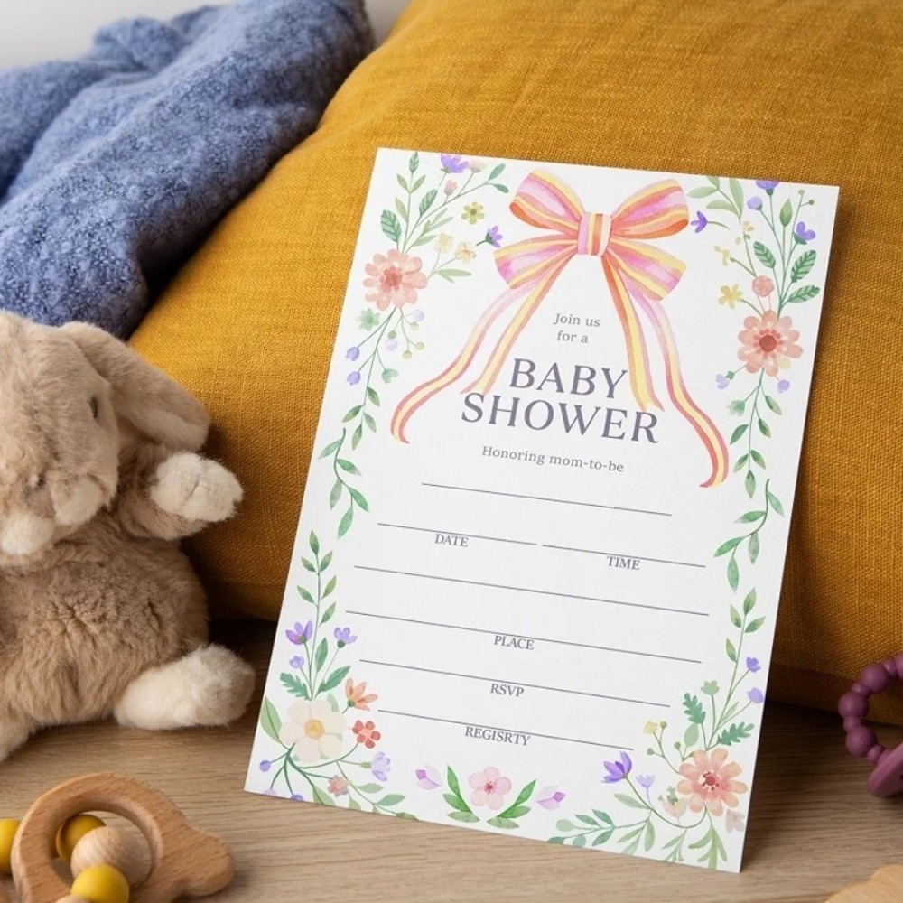 Baby Shower Invitations 25 Count Floral Pink Bow 4x6 A03